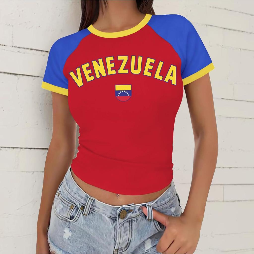 Women's Casual V Neck Short Sleeve Pullover T Shirt Letter Print Top Football Support Style Various Countries Names Design