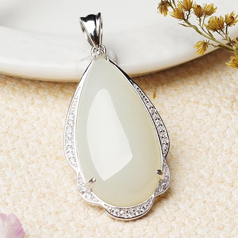 Sterling Silver Teardrop Hetian Jade Pendant Charm with Certificate - New Chinese Style, 925 Silver