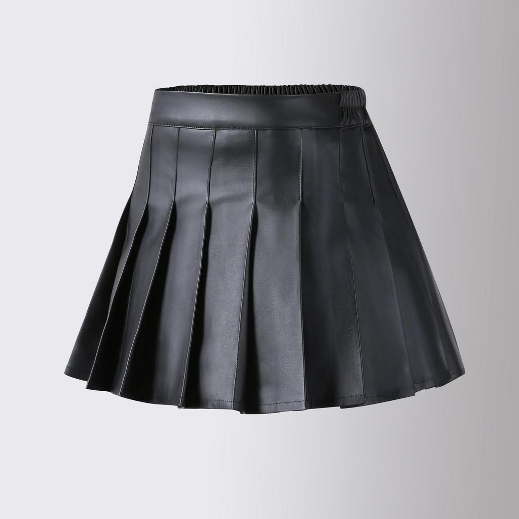 Girl's High-Waist Black PU Pleated A-Line Skirt with Pants for Autumn/Winter