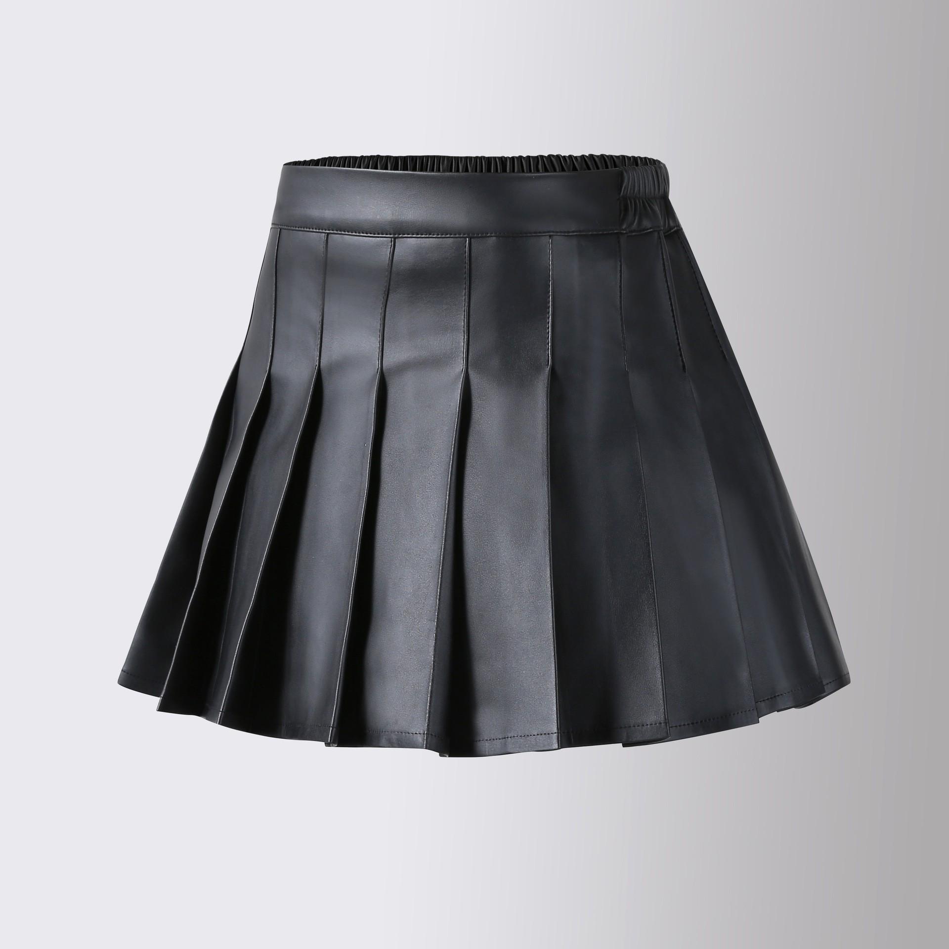 Schwarzer High-Waist Faltenrock in A-Linie aus PU mit integrierter Hose für Mädchen für Herbst/Winter 100 cm gray