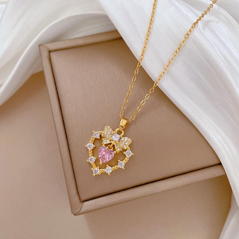 Bow Love Light Luxury Temperament Gorgeous Full Diamond Necklace Female Versatile Collarbone Chain Titanium Steel Chain