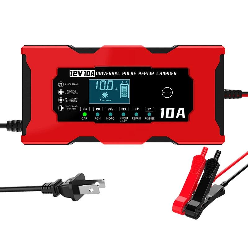 12В 10А Зарядное устройство для автомобиля, грузовика, мотоцикла, Пусковое устройство, Зажимы-крокодилы, Зарядное устройство для аккумуляторов LiFePO4, Для свинцово-кислотных, AGM, Гелевых, PB, Импульсный ремонт US красный