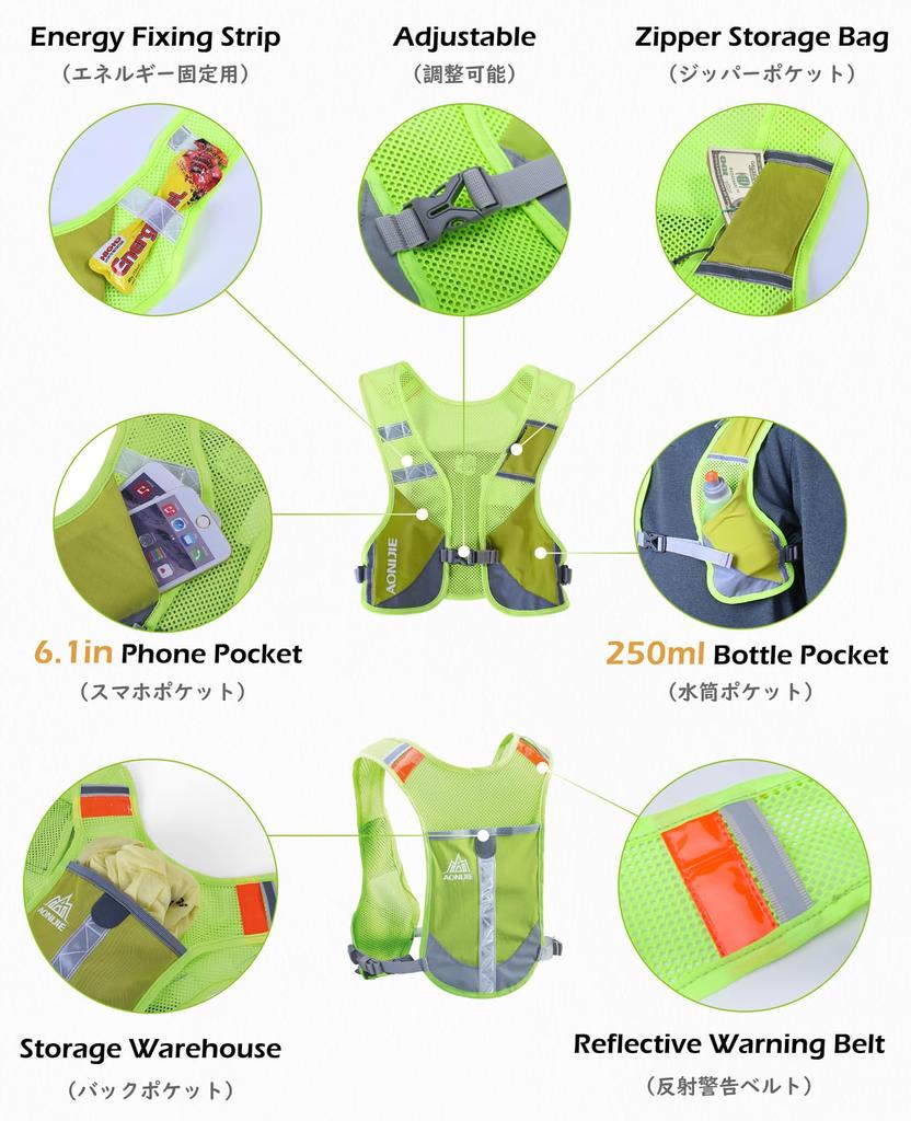 TRIWONDER Reflective Vest Lightweight Safety Cycling Bag Bicycle Bag Pack Running Marathon Ryuk 2 Water Bottles (Gray - Included)