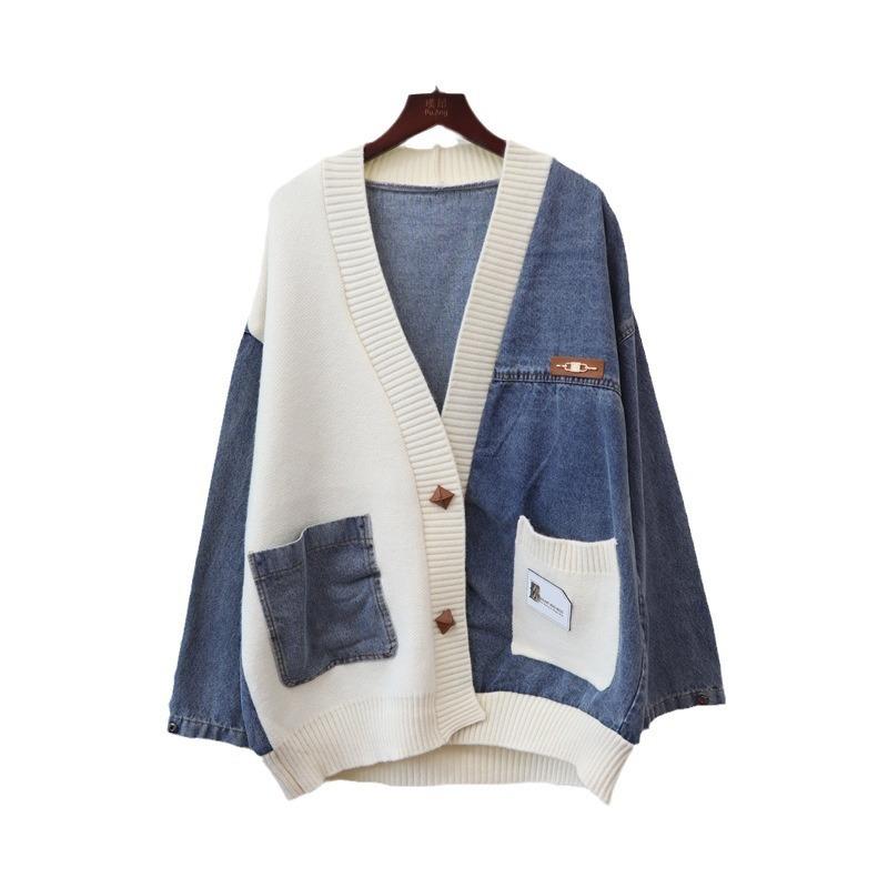 Autumn and Winter New Loose Lazy Wind Denim Splicing Design Sense Knitted Cardigan Women's Sweater Jacket