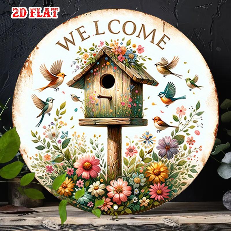 D Flat Round Sign Featuring a D Flat Design of Birds a Welcome Message And Floral Elements Measuring Cm In Diamet
