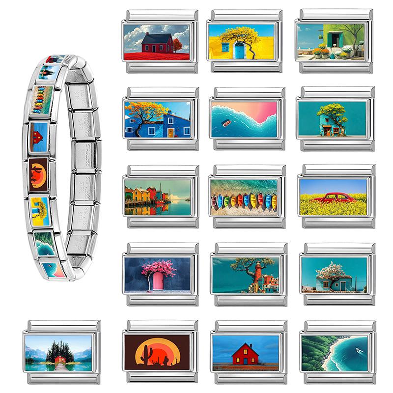 Y2K Spring Summer Scenery Series Beach Forest Lake Italian Charm Links 9mm Bracelets Bangle Stainless Steel DIY Making Jewelry