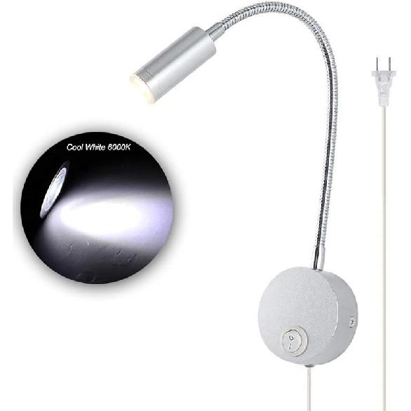 3W LED Bedside Reading Light Flexible Gooseneck Book Lamp Wall Mount Headboard Spotlight with Plug and On/off Switch for Working, Study, Art Display
