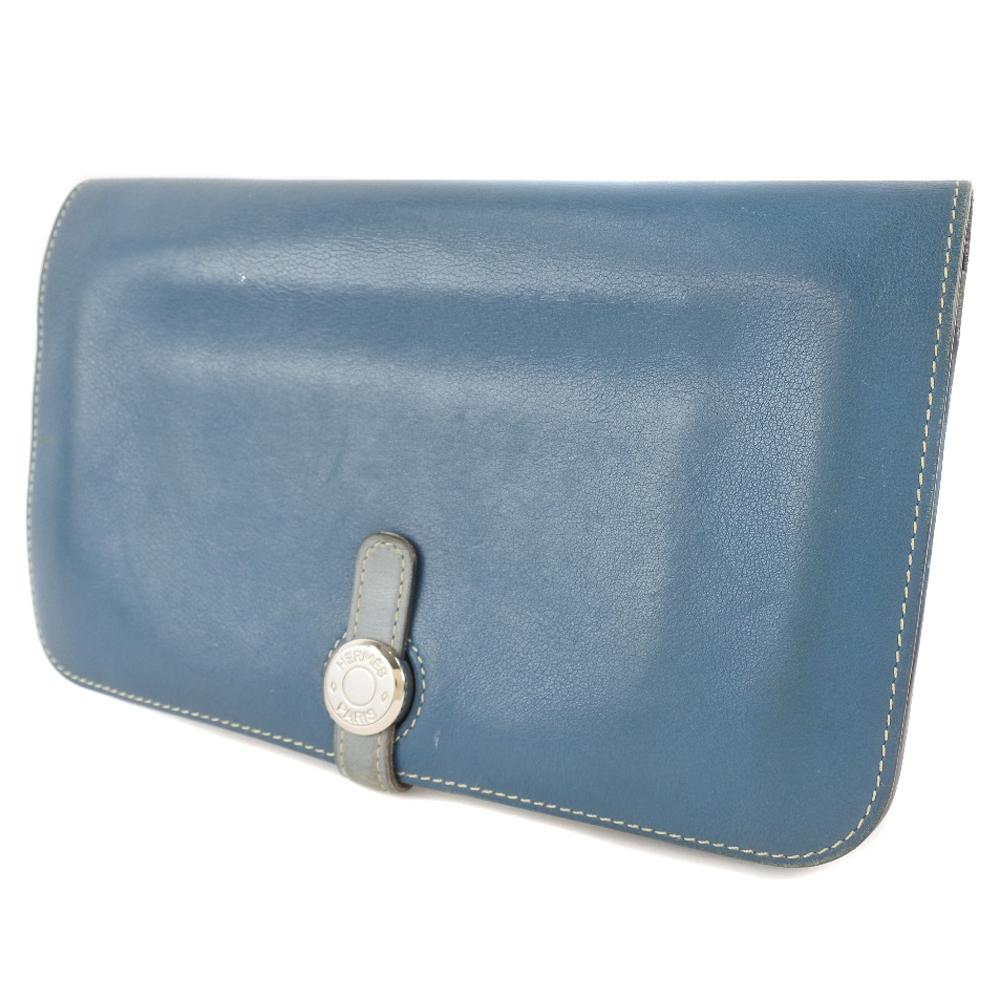 HERMES Dogon Purse Blue Calfskin unisex Used