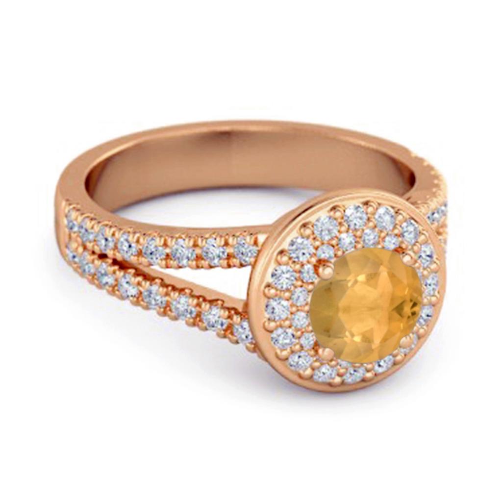 Citrine Double Halo Accents Ring - 925 Sterling Silver Rose Gold Vermeil