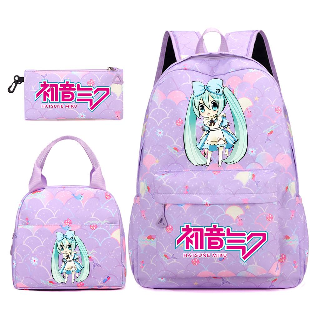 3 Stück/Set Anime Cartoon Hatsune Miku Bedruckter Rucksack Handtasche Federmäppchen für Teenager Schüler Mädchen Jungen Große Kapazität Wasserdicht Schultasche Reisetasche