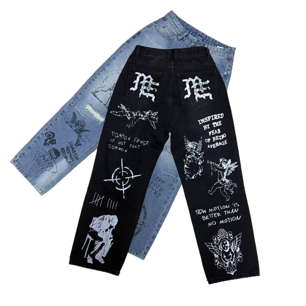 Meichao Jeans Hand-Painted Graffiti Print Knife Cut Casual Straight Legs Pants Trousers Men