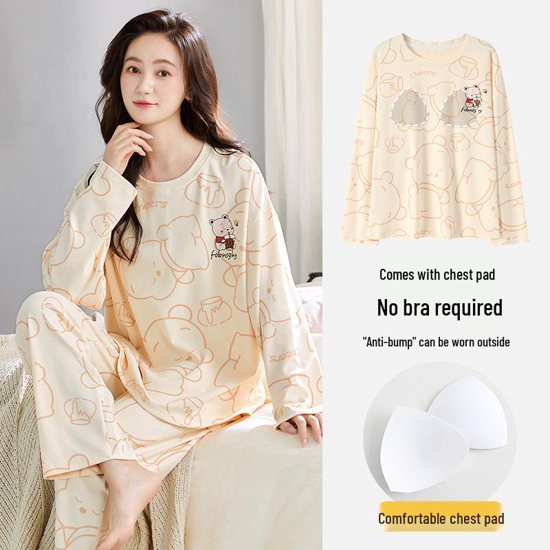 Women's 2025 Long-Sleeve Cartoon Pullover Pajamas with Chest Pad - Versatile Cotton Set for Indoor/Outdoor Wear (Autumn/Winter).