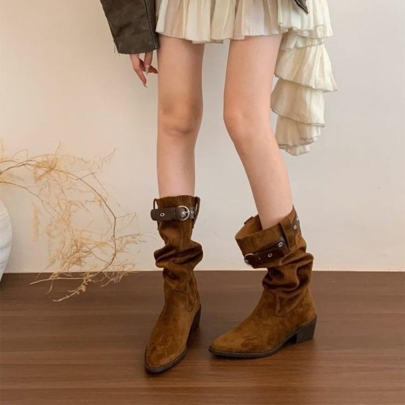 Thick Heel Pointed Head High Folded Tube Pile Boots Women's New Autumn and Winter Western Cowboy Medium Tube Knight Boots