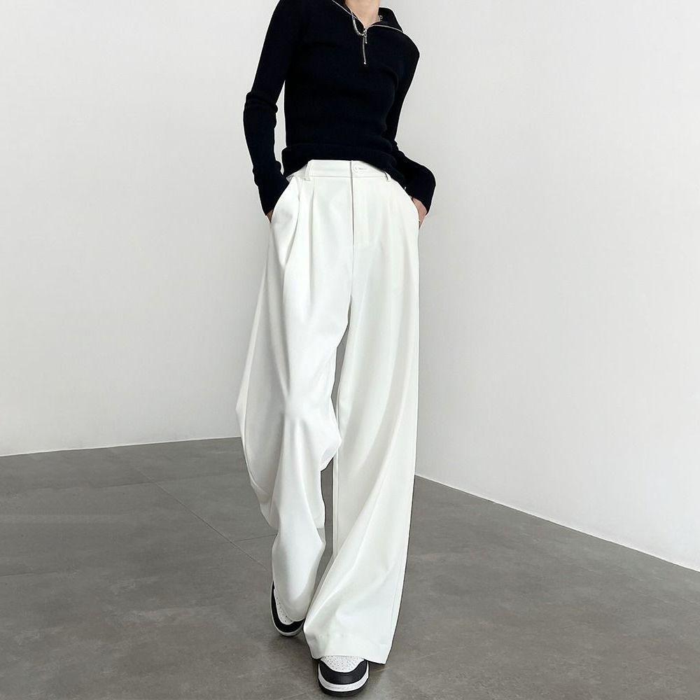 Women's White High-Waist Drape Straight Slim Tailored Wide-Leg Trousers | Spring-Autumn Premium Casual Non-Sheer Suit Pants