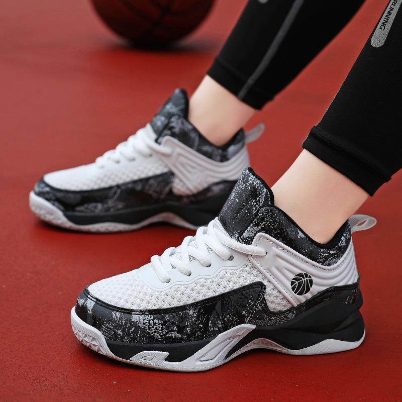 Four Seasons Spring and Autumn New Boys Basketball Shoes Flying Weaving Mesh Breathable Middle Help Boys Basketball Sneakers Jinjiang Shoes