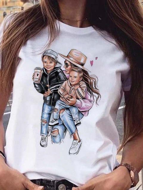 Women T Shirt Cartoon Mom Daughter Son Print Lady Tshirts Short Sleeve Tops Womens Kawaii Graphic Female Tshirt Clothe