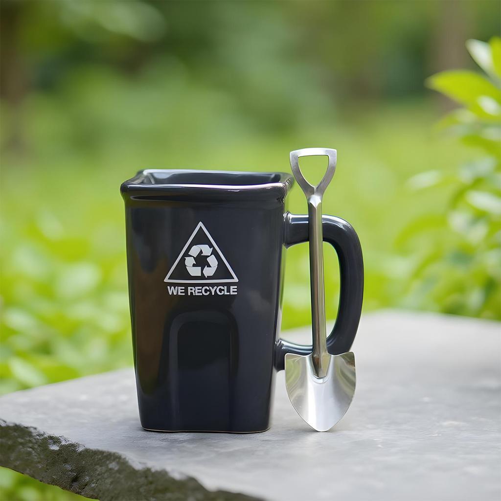 Funny Trash Can Shaped Mug with shovel shaped spoon, Creative Ceramic Trash Can-shaped Coffee Mug, Breakfast Cup Microwave Safe