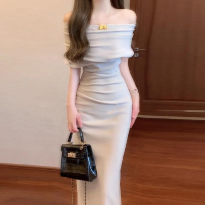 French Shoulder Dress Temperament Celebrity Muse Fan Premium Sense Slim Hip Wrap Dress Summer New
