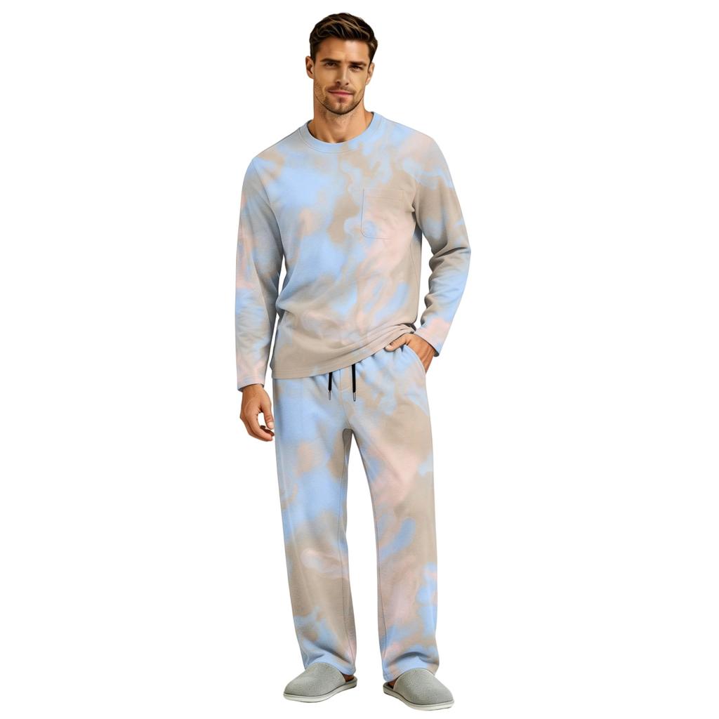 Men's Pajama Set Long Sleeve Top and Pants with Button Fly and Elastic Drawstring Waist