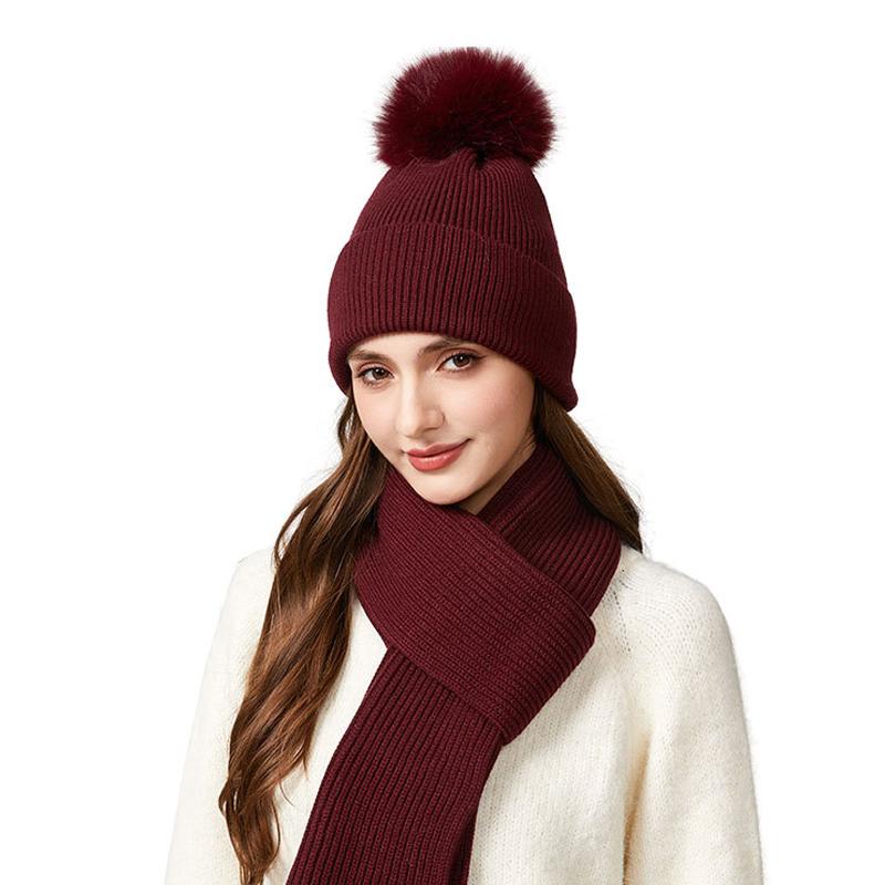 Knitted Hat Scarf Set Women's Autumn Winter Thick Fur Ball Wool Hat Outdoor Ear Protection Warm Hat
