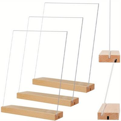 3 Stück Elegante A5 Acryl-Schildhalter mit Naturholzfuß - Vielseitige L/T-Form für vertikale oder schräge Präsentation