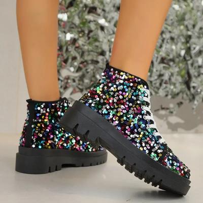 Fashion 2024 Ladies Shoes Autumn Ankle Women's Boots Platform Modern Boots Women Bling Round Toe Cross-tied Chunky Heels Shoes Women