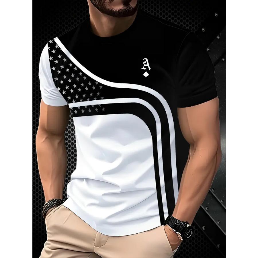 Men Casual Graphic T-Shirt - Black & White Abstract Design, Short Sleeve, Round Neck  Stretchy Summer, Streetwear Style, Everyday Comfort Tee