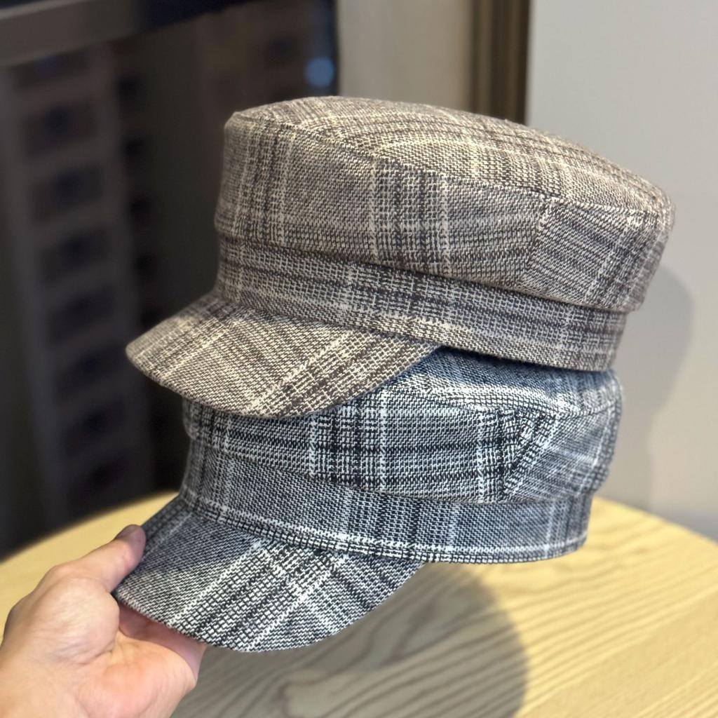 Korean Style Simple Octagonal Hat for Women  Fashionable and Versatile Flat Top Peaked Hat Spring and Autumn New Retro Houndstooth Plaid Painter's Hat