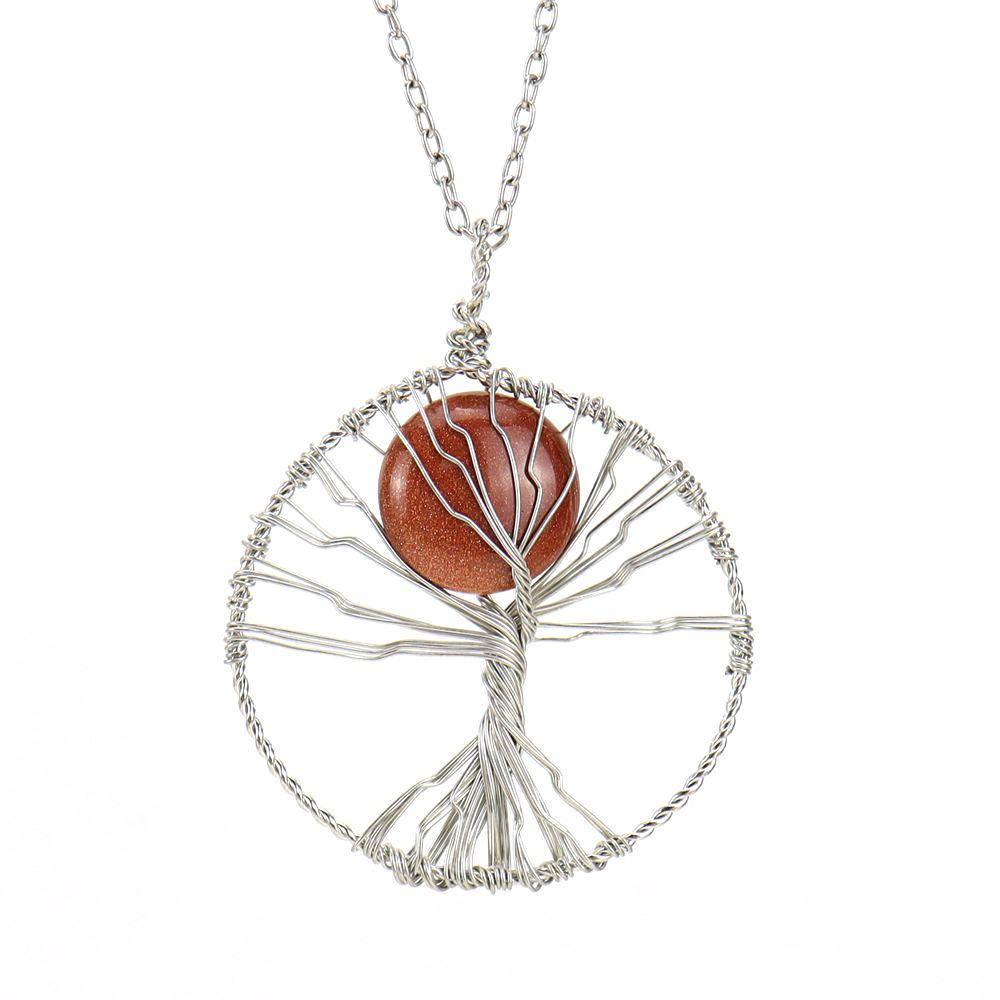 Hand-Wrapped Natural Crystal Agate Disc Tree Of Life Pendant Necklace N116