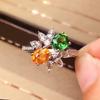 Xiaohongshu New High Quality Green Yellow Zircon Womens Ring Light Luxury Color Zircon Wedding Party Jewelry