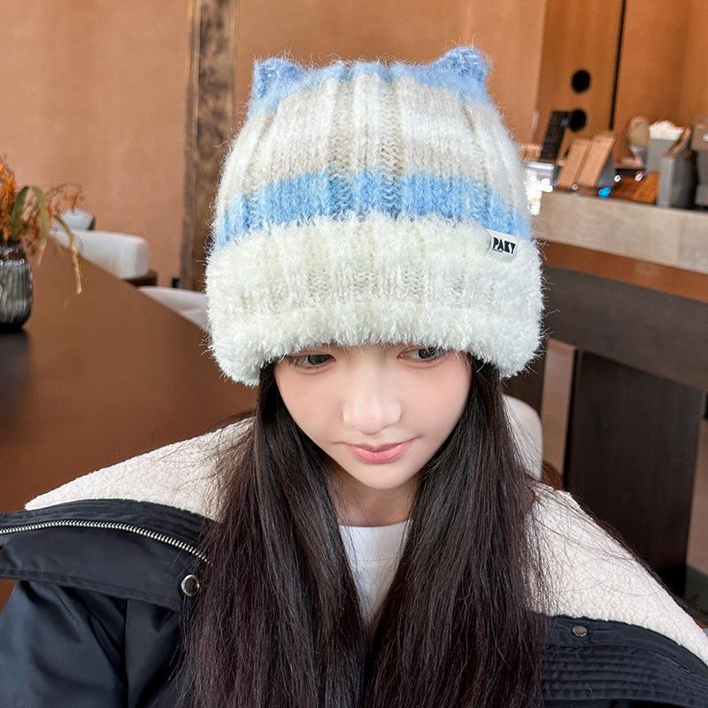 Contrasting Colors Cute Cat Ears Wool Hat Women'S Season Cold Protection Ear Protection Headgear Showing Face Small Pullover Knitted Hat