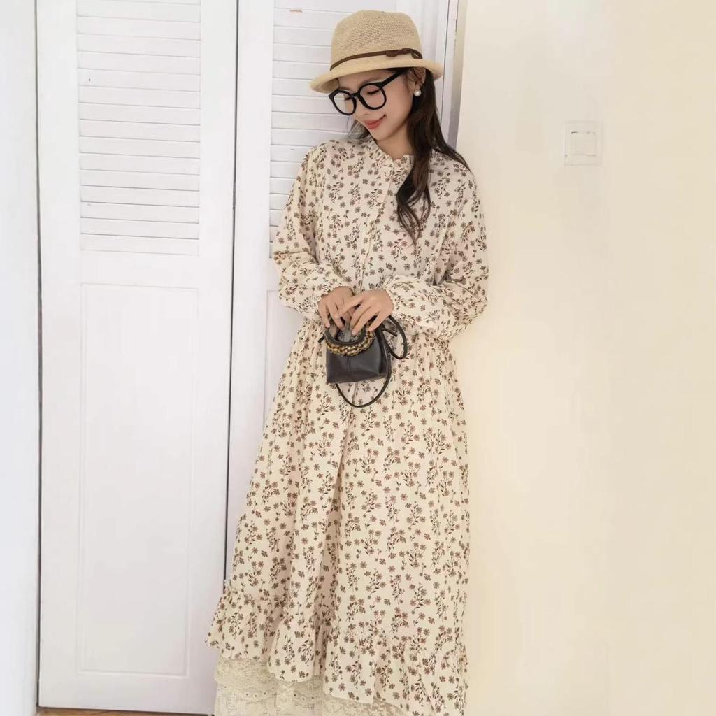 2026 Spring Mori Girl Pure Cotton Floral Print Long Sleeve Loose Pullover Dress