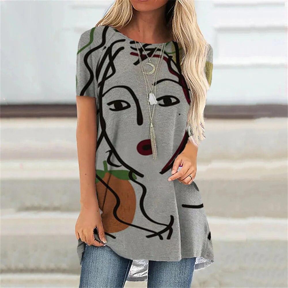 Fashion Cartoon Portrait 3D Print Women T-shirt With O Neck White Short Sleeve Women Clothes Leisure Summer Tops Pullover