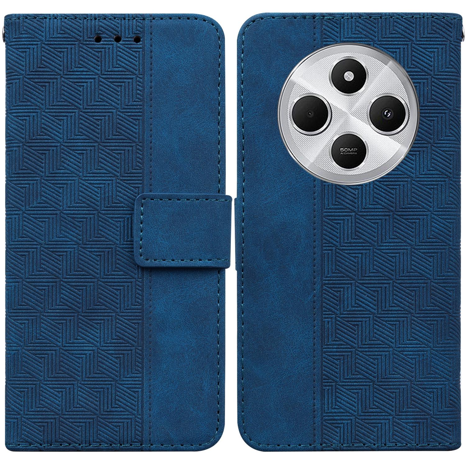 

For Xiaomi Poco C75 4G/Redmi 14R 5G/14C 4G Case Geometry Pattern Leather Wallet Phone Cover with Wrist Strap Blue