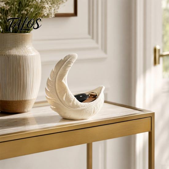 Warm Touch Home Accessory 3D Printed Feather & Crescent Moon Trinket Dish, Silk White Matte Decorative Design Storage Bowl, Artistic Multi-Functional