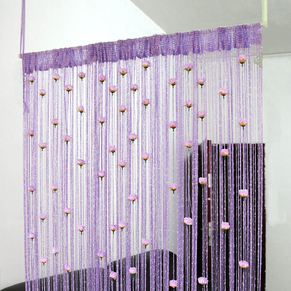 Window Treatment Shiny Rose Flower String Curtain Solid Color Room Divider Door Curtain 1*2M Tassel Window Curtain Home Decor