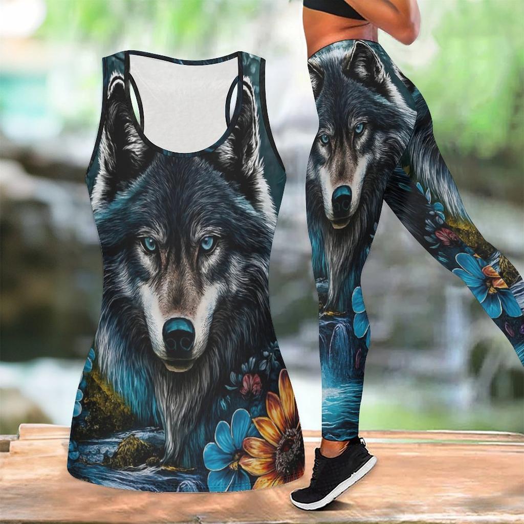 Fierce Wolves Pattern Print Yoga Outfit for Women Fashion Workout Leggings Fitness Sports Casual Yoga Set Sports Suit