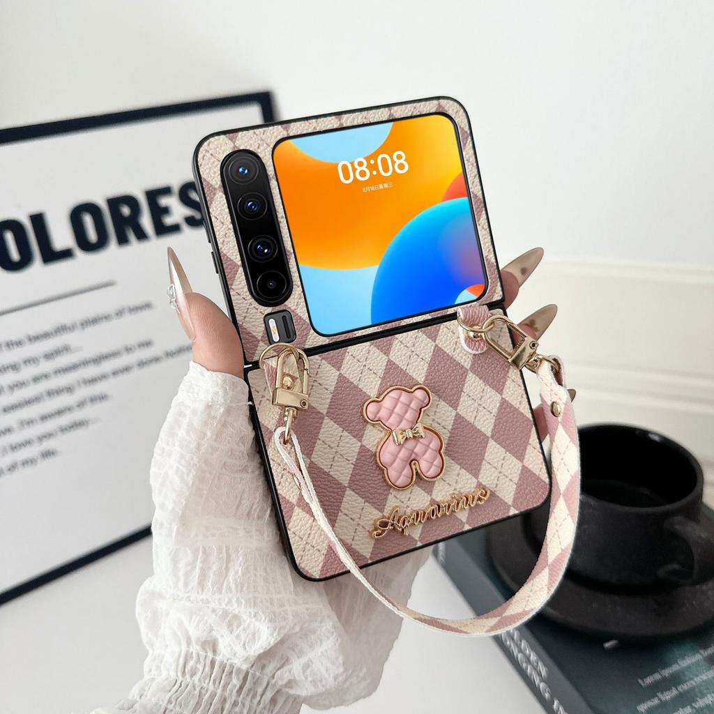 Applicable to Huawei purax mobile phone case plain leather rhombus X wide folding new bear portable belt lanyard protective case
