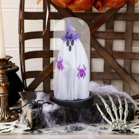 Yousheng Halloween Ghost Decor Light Up Ghost in Glass Cloche with Wood Base Cute Ghost Night Light Decoration for Table Shelf Fireplace Room Decor