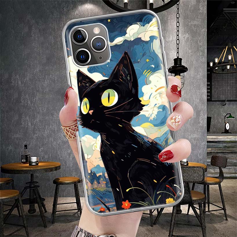 Anime Cute Black Cat Meow Soft Phone Case For IPhone 11 17 Air 16E 16 Pro Max 15 + 14 Plus 13 Mini 12 Apple 7 SE 8 Fundas Coque