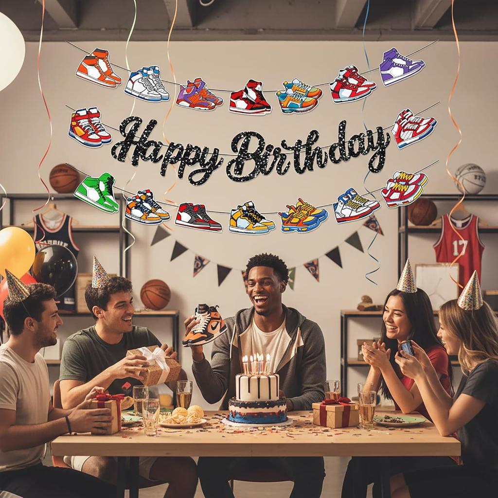 3Pcs Sneaker Decorations, Happy Birthday Banner, Sneaker Party Decorations,Sports Theme Backdrop for Sneakerhead Events