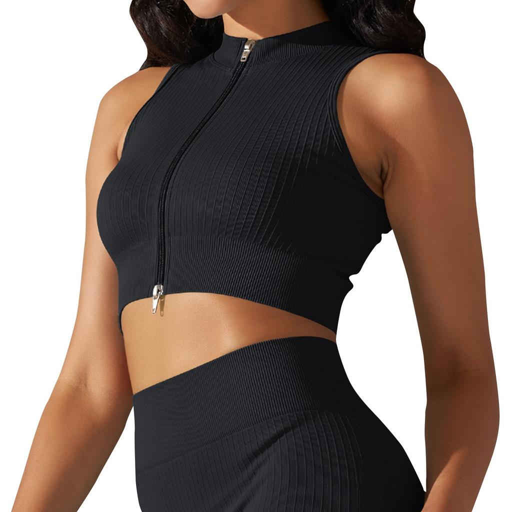 Women's Fashion Seamless Knit Tight Breathable Yoga Sexy Comfortable Casual Sports Running Fitness Top With Zipper