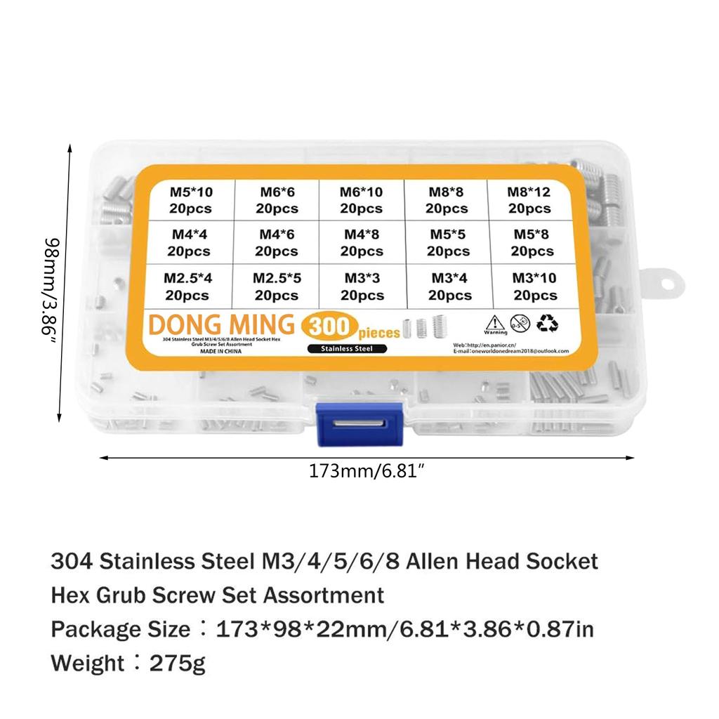 300pcs Grub Screw Set Stainless Steel Internal Hex Drive Cup-Point Screws Assortment Kit for Door Handles Light Fixture