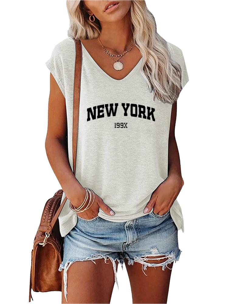 Damen Mode V-Ausschnitt Bedrucktes T-Shirt Sommer Lässig Kurzarm Top