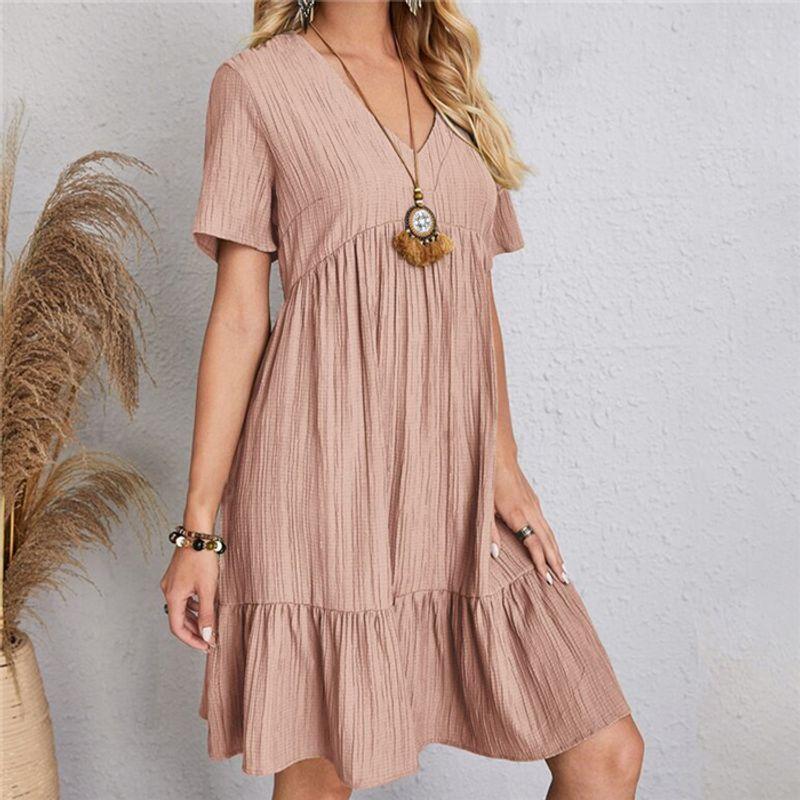 

Fashion Fashion Casual Pleated Short Sleeves Dress Female Fashion Casual Sexy Solid Dress Pink 3XL