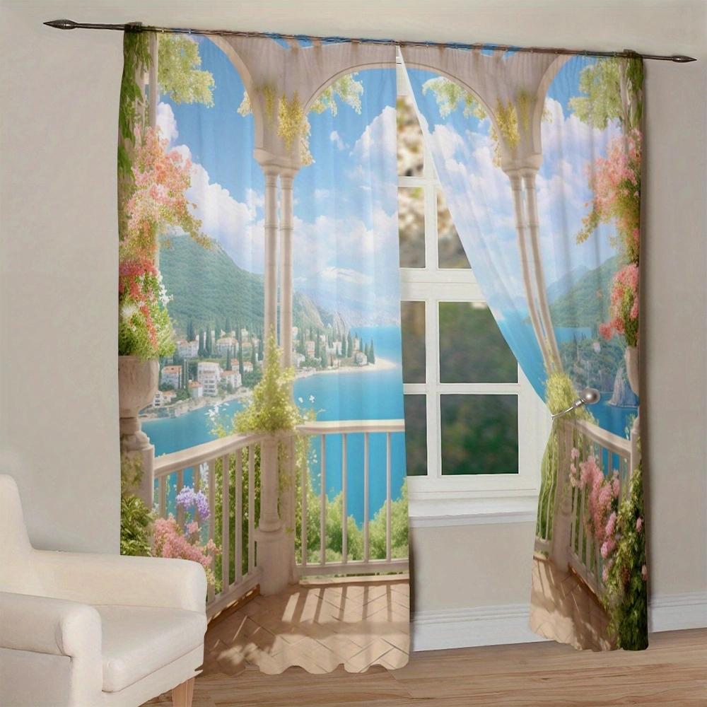 Balcony Landscape Printed Curtain for Home Decor - Rod Pocket Window Treatment for Bedroom, Kitchen, Living Room