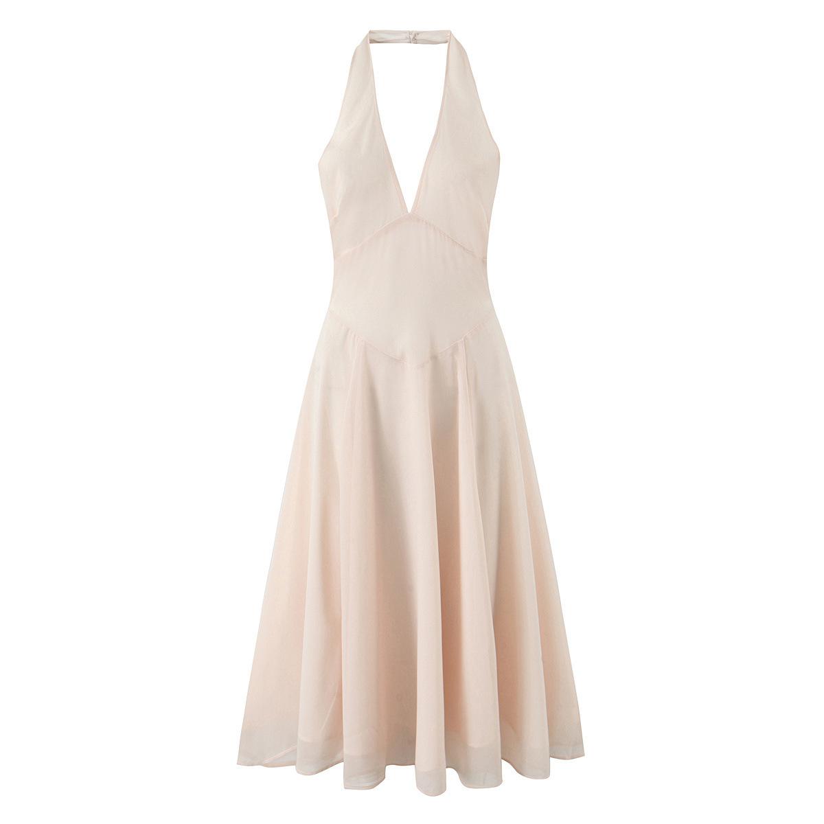 New French Neck Skirt, Medium and Long Deep V-neck Sexy Backless Party Sweet Pink Chiffon Dress. S