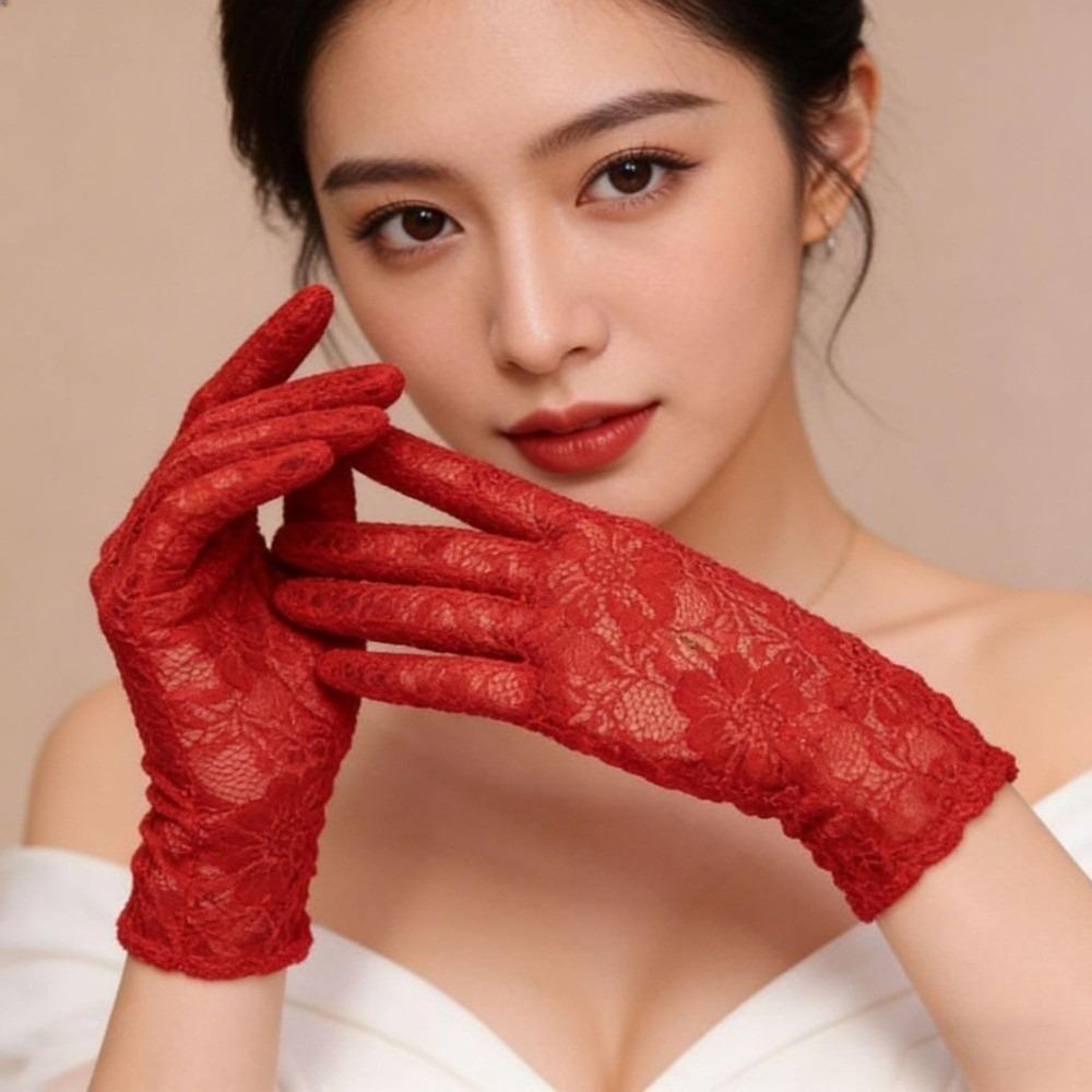 Solid Color Lace Short Gloves High Elasticity Bridal Gloves Elegant Sun Protection Gloves Outdoor
