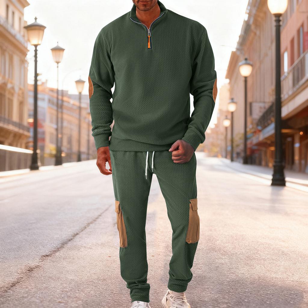 Men's Winter Fleece Tracksuit Sets Stand Collar Sweatshirt Cargo Sweatpants 2 Piece Jogging