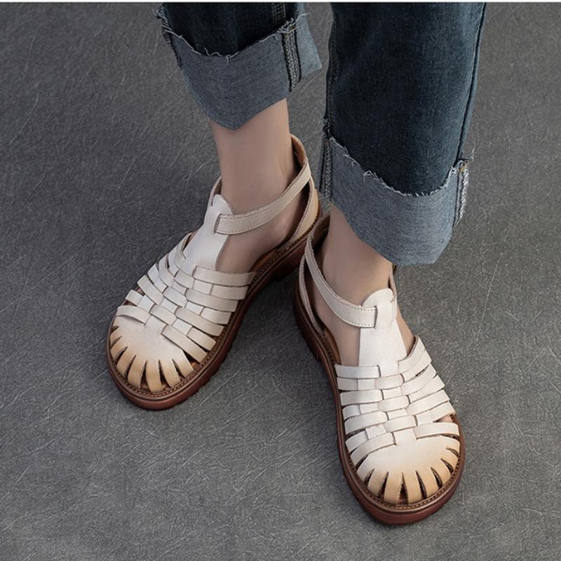 Johnature Pantofi de damă din piele naturală în stil roman retro, cu țesut, respirabil